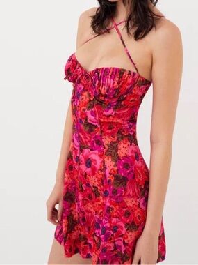 For Love & Lemons Hot Pink Floral Halter Dress